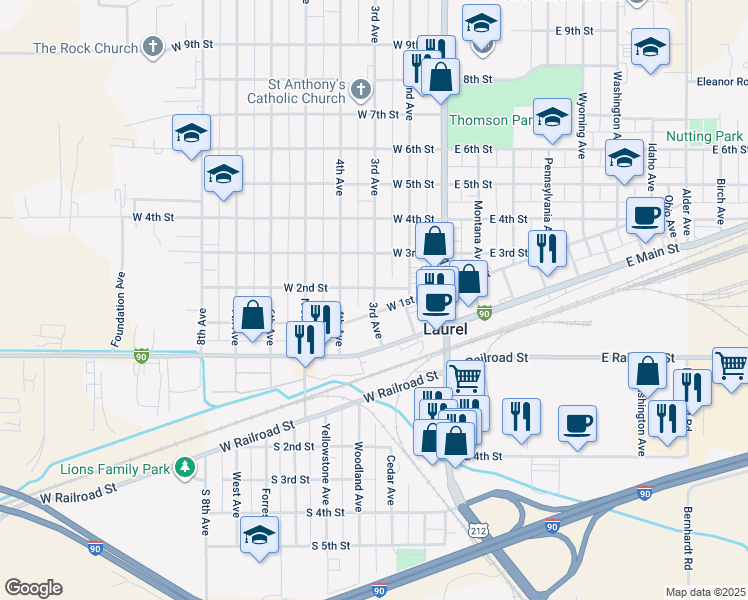 map of restaurants, bars, coffee shops, grocery stores, and more near 211 West 2nd Street in Laurel
