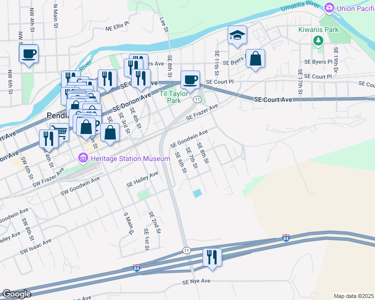 map of restaurants, bars, coffee shops, grocery stores, and more near 609 Southeast 8th Street in Pendleton