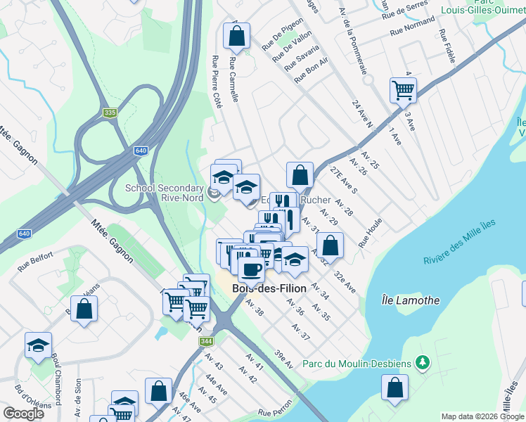 map of restaurants, bars, coffee shops, grocery stores, and more near 97 33e Avenue in Bois-des-Filion