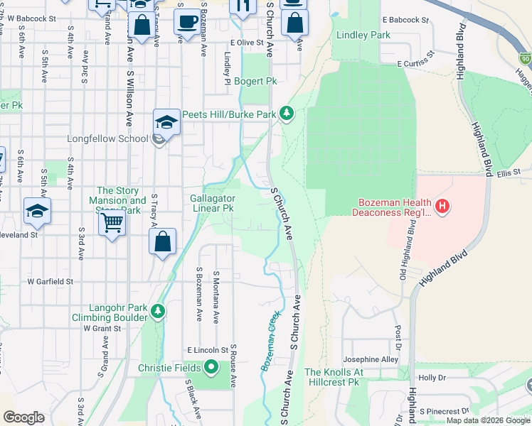 map of restaurants, bars, coffee shops, grocery stores, and more near 817 S Church Ave in Bozeman