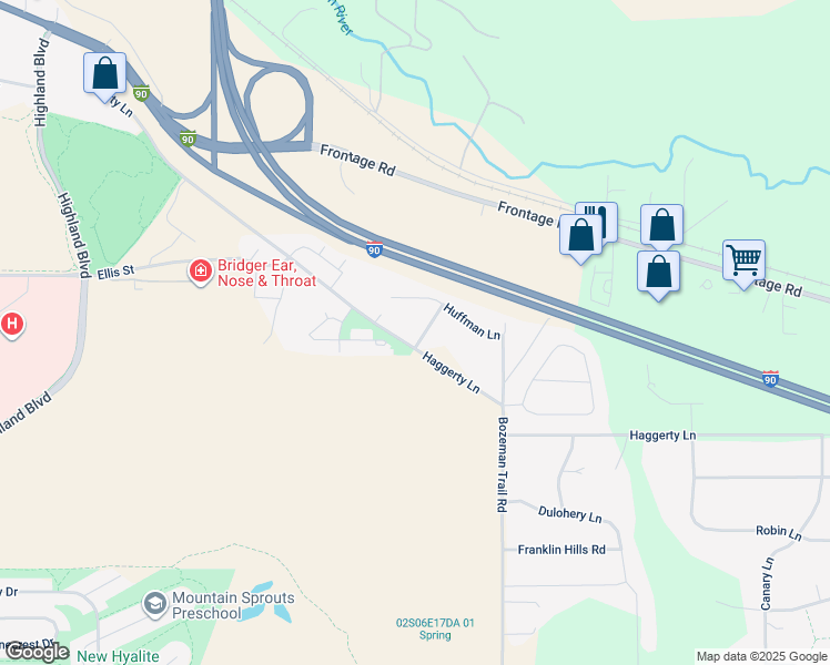 map of restaurants, bars, coffee shops, grocery stores, and more near 8741 Haggerty Lane in Bozeman