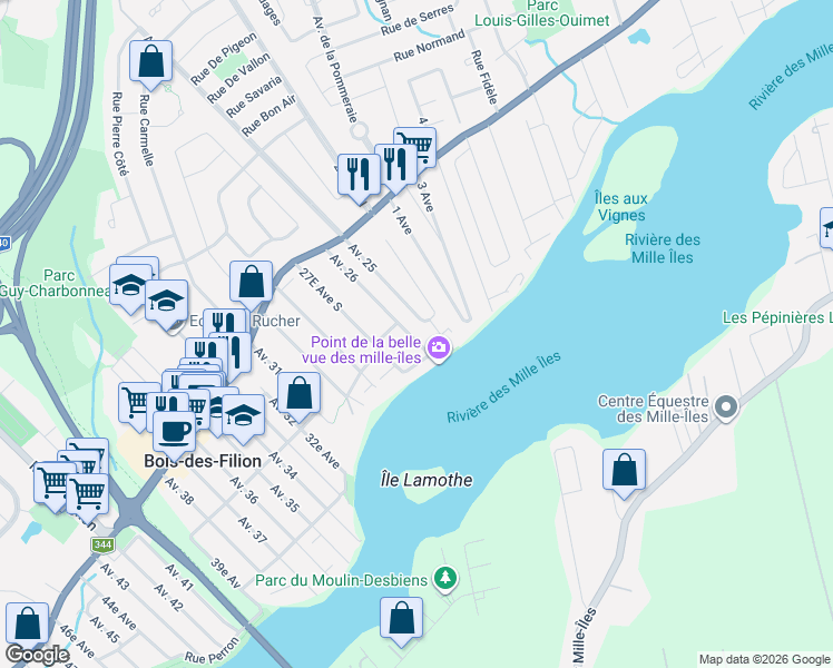 map of restaurants, bars, coffee shops, grocery stores, and more near 17 26e Av Sud in Bois-des-Filion