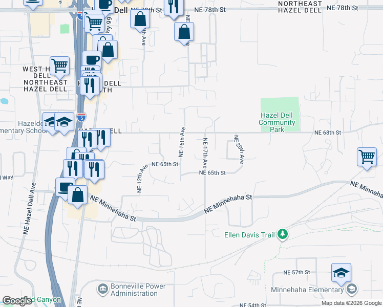 map of restaurants, bars, coffee shops, grocery stores, and more near 1602 Northeast 66th Circle in Vancouver