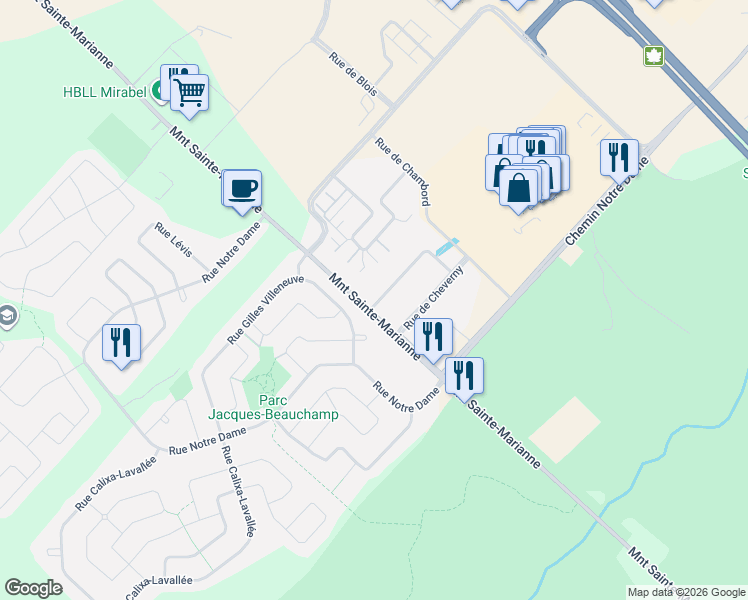 map of restaurants, bars, coffee shops, grocery stores, and more near 18100 Rue de Brissac in Mirabel
