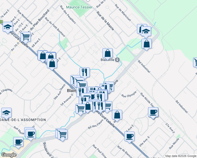 map of restaurants, bars, coffee shops, grocery stores, and more near 40 Rue Simon Lussier in Blainville