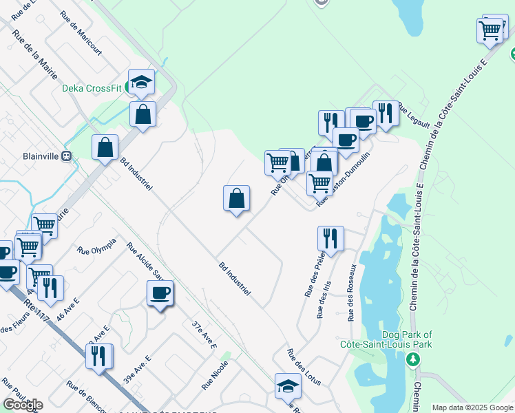 map of restaurants, bars, coffee shops, grocery stores, and more near 70 Rue Omer Deserres in Blainville