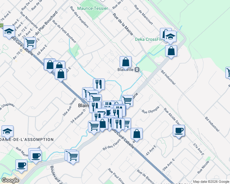 map of restaurants, bars, coffee shops, grocery stores, and more near 40 Rue Simon Lussier in Blainville