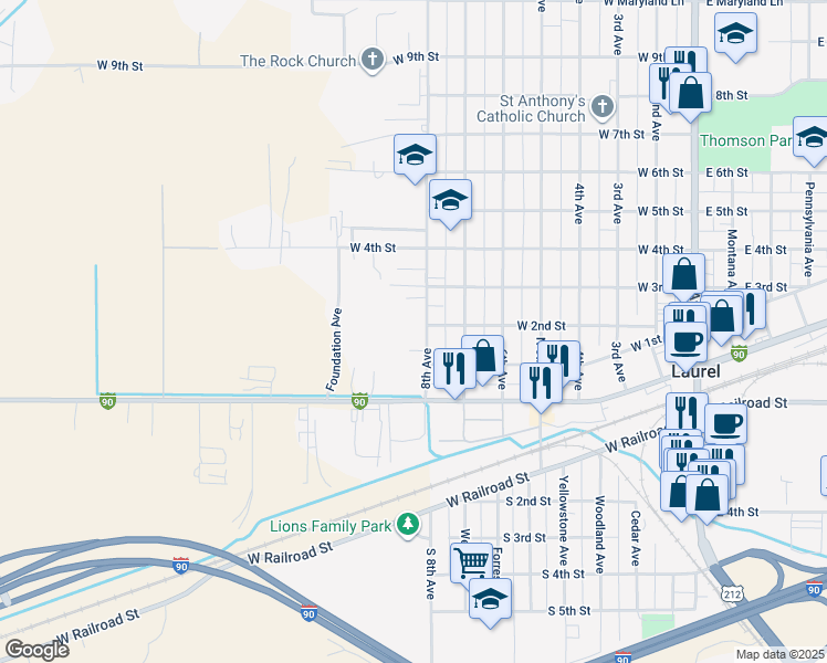 map of restaurants, bars, coffee shops, grocery stores, and more near 202 8th Avenue in Laurel