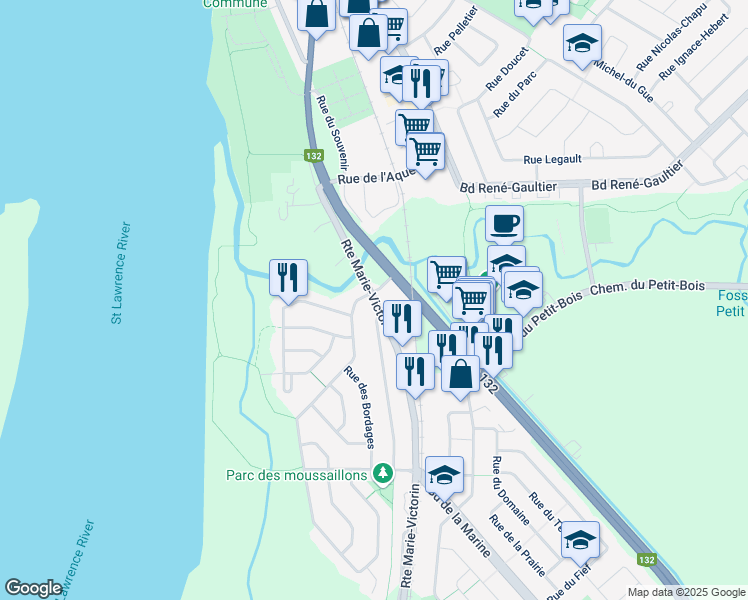 map of restaurants, bars, coffee shops, grocery stores, and more near Route Marie Victorin in Varennes