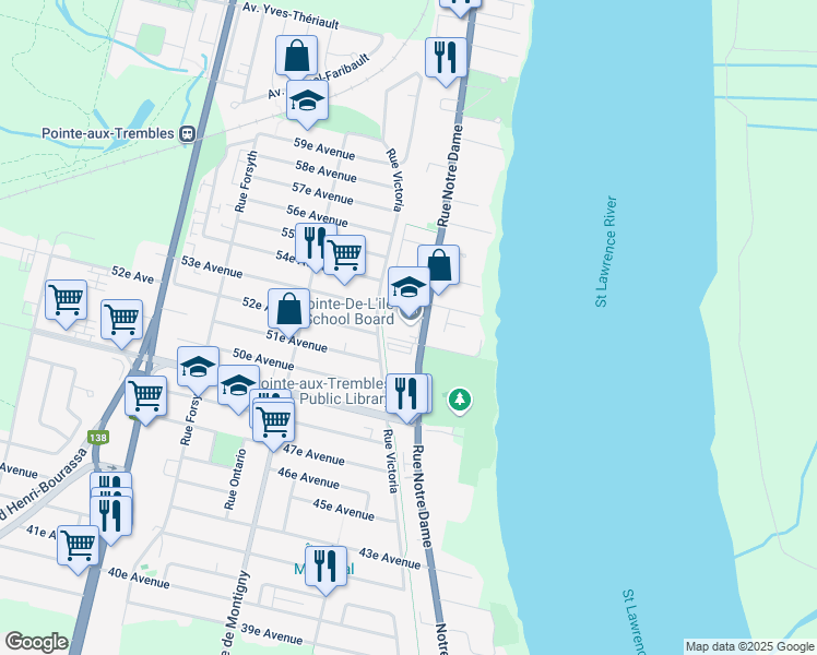 map of restaurants, bars, coffee shops, grocery stores, and more near 550 53e Avenue in Montréal