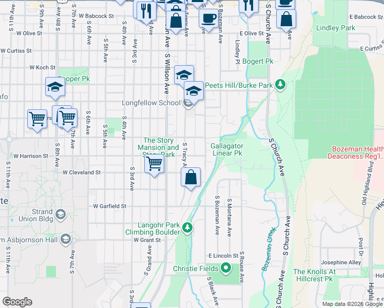 map of restaurants, bars, coffee shops, grocery stores, and more near 824 South Tracy Avenue in Bozeman