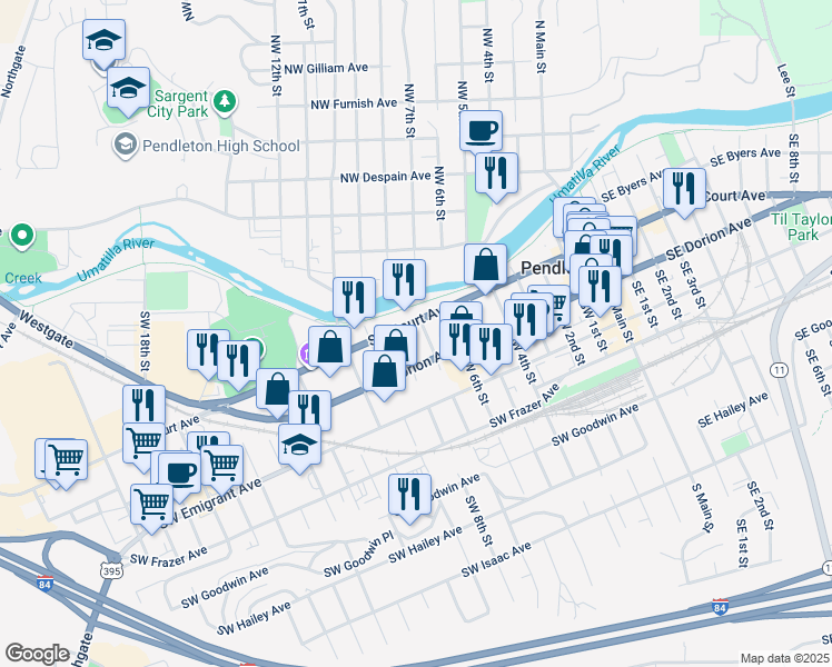 map of restaurants, bars, coffee shops, grocery stores, and more near 207 Southwest 7th Street in Pendleton
