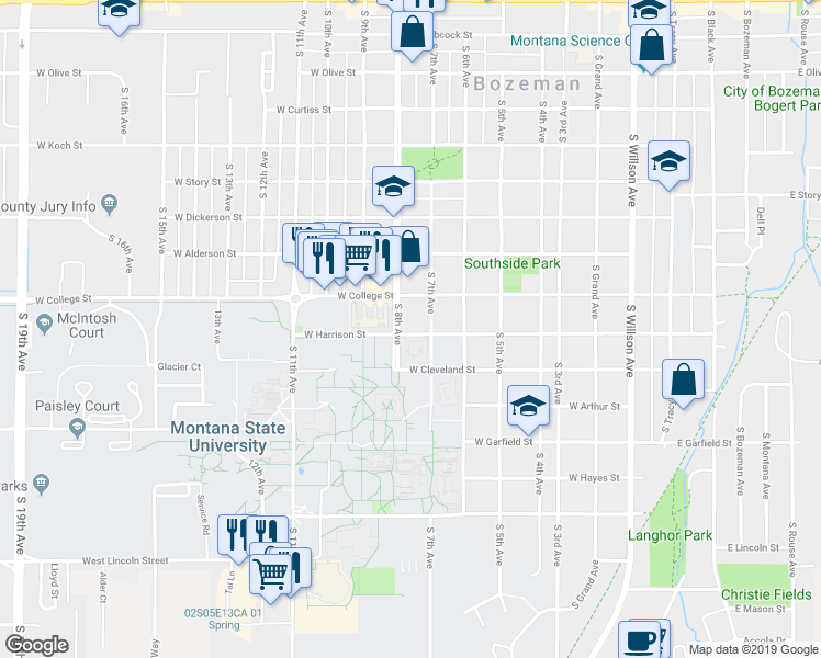 map of restaurants, bars, coffee shops, grocery stores, and more near 818 South 8th Avenue in Bozeman