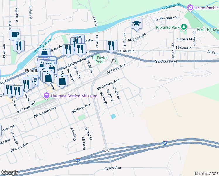 map of restaurants, bars, coffee shops, grocery stores, and more near 609 Southeast 8th Street in Pendleton