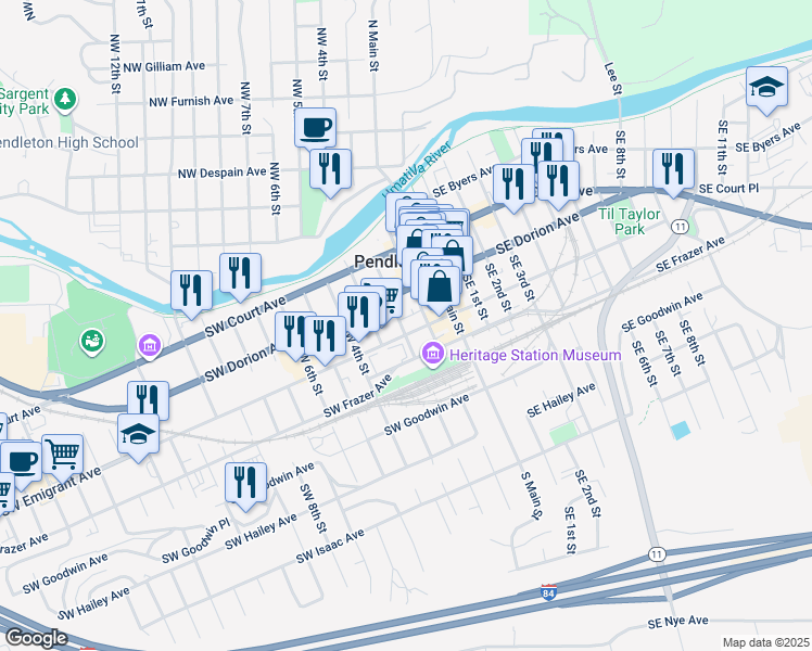 map of restaurants, bars, coffee shops, grocery stores, and more near 348 Southwest 2nd Street in Pendleton