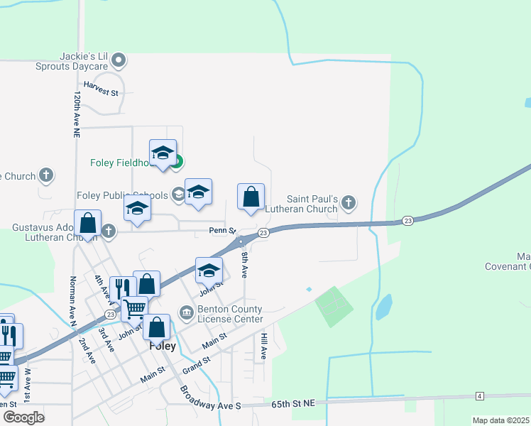 map of restaurants, bars, coffee shops, grocery stores, and more near 787 9th Avenue in Foley
