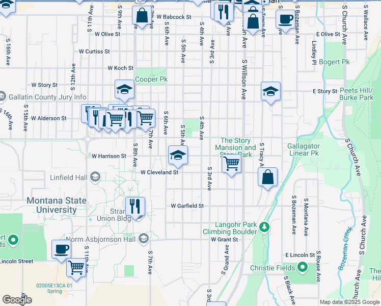 map of restaurants, bars, coffee shops, grocery stores, and more near 419 W Harrison St in Bozeman