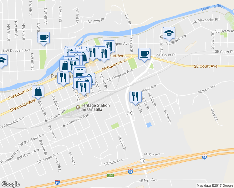map of restaurants, bars, coffee shops, grocery stores, and more near 504 Southeast 4th Street in Pendleton