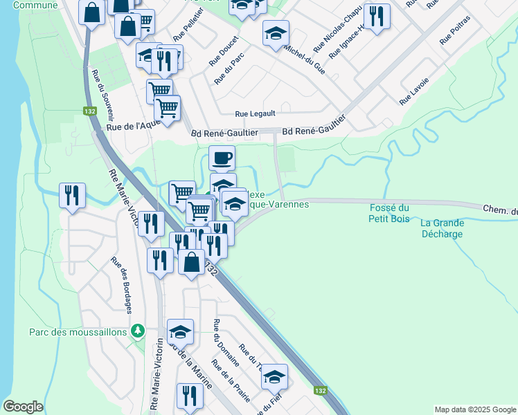 map of restaurants, bars, coffee shops, grocery stores, and more near 199 Chemin du Petit Bois in Varennes