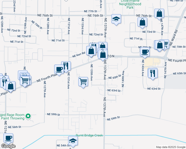 map of restaurants, bars, coffee shops, grocery stores, and more near 6513 Northeast 135th Avenue in Vancouver