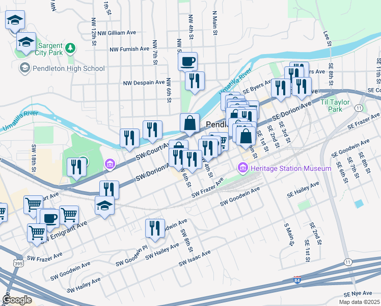 map of restaurants, bars, coffee shops, grocery stores, and more near in Pendleton