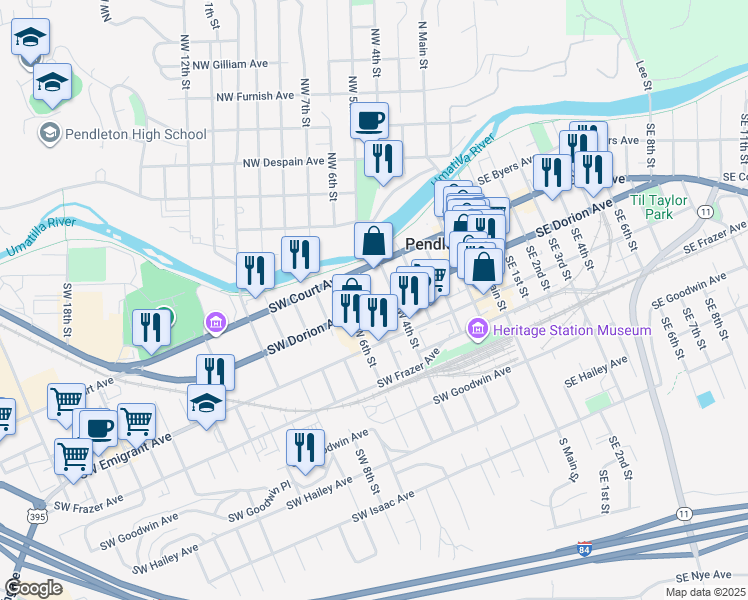 map of restaurants, bars, coffee shops, grocery stores, and more near 435 Southwest Dorion Avenue in Pendleton