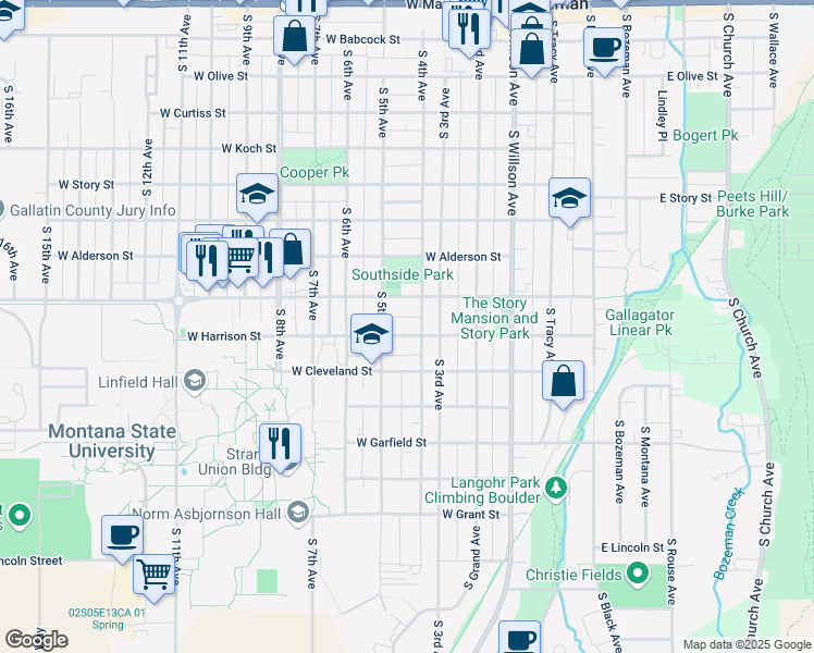 map of restaurants, bars, coffee shops, grocery stores, and more near 419 West Harrison Street in Bozeman