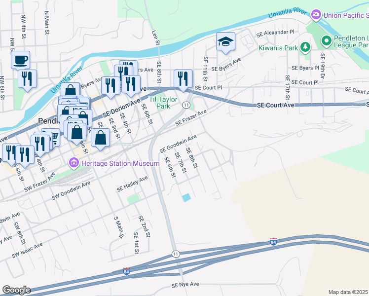 map of restaurants, bars, coffee shops, grocery stores, and more near 609 Southeast 8th Street in Pendleton