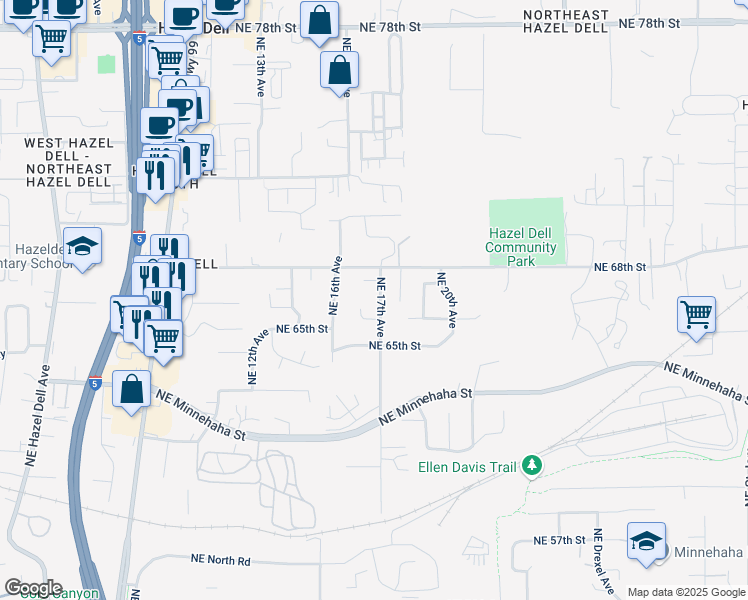 map of restaurants, bars, coffee shops, grocery stores, and more near 1602 Northeast 66th Circle in Vancouver