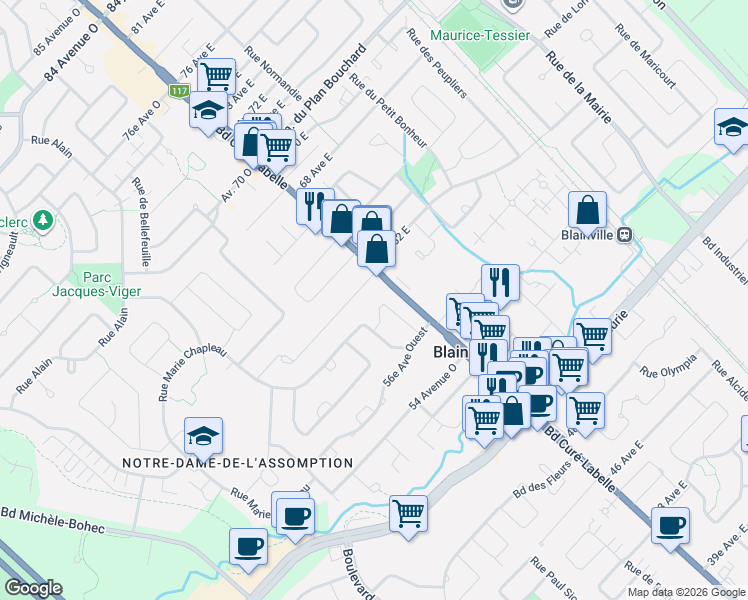 map of restaurants, bars, coffee shops, grocery stores, and more near 285 Carmelle-Boutin in Blainville