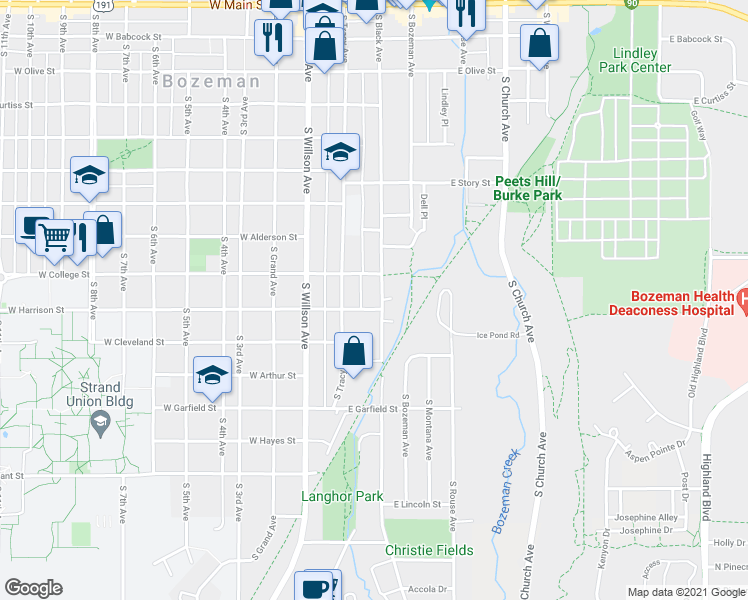 map of restaurants, bars, coffee shops, grocery stores, and more near 819 South Black Avenue in Bozeman