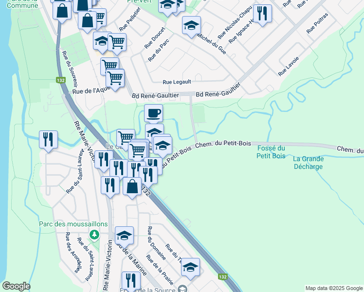 map of restaurants, bars, coffee shops, grocery stores, and more near 201 Chemin du Petit-Bois in Varennes