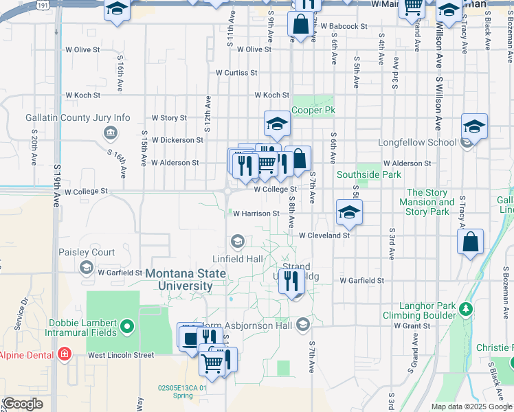 map of restaurants, bars, coffee shops, grocery stores, and more near in Bozeman