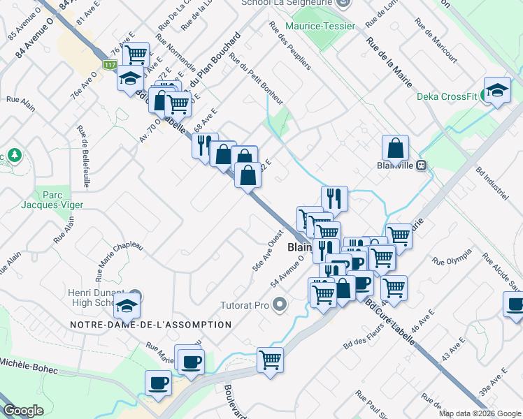 map of restaurants, bars, coffee shops, grocery stores, and more near 152 Carmelle-Boutin in Blainville