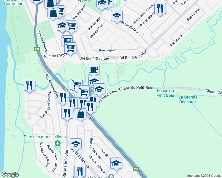 map of restaurants, bars, coffee shops, grocery stores, and more near 201 Chemin du Petit-Bois in Varennes