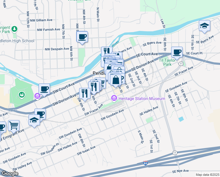 map of restaurants, bars, coffee shops, grocery stores, and more near 348 Southwest 2nd Street in Pendleton