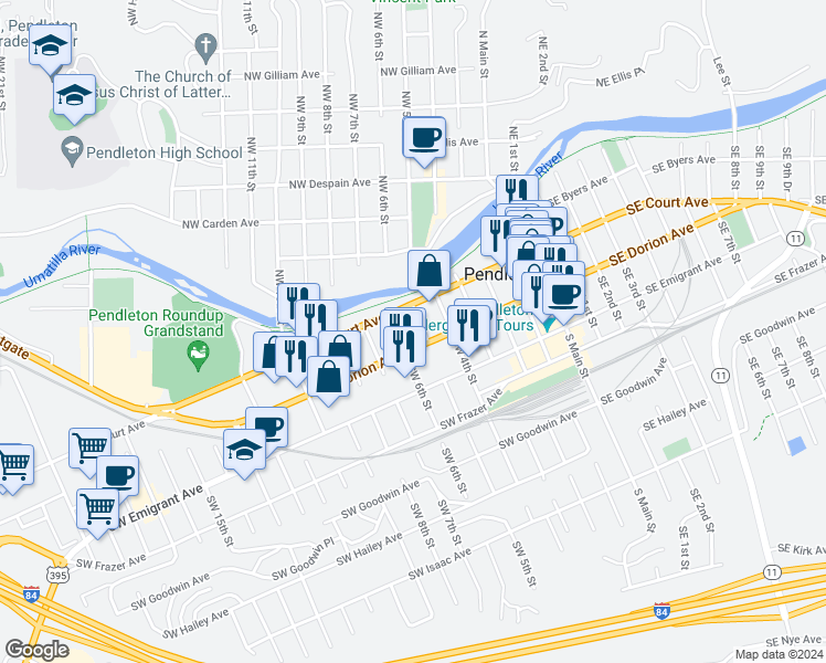 map of restaurants, bars, coffee shops, grocery stores, and more near 214 Southwest 6th Street in Pendleton