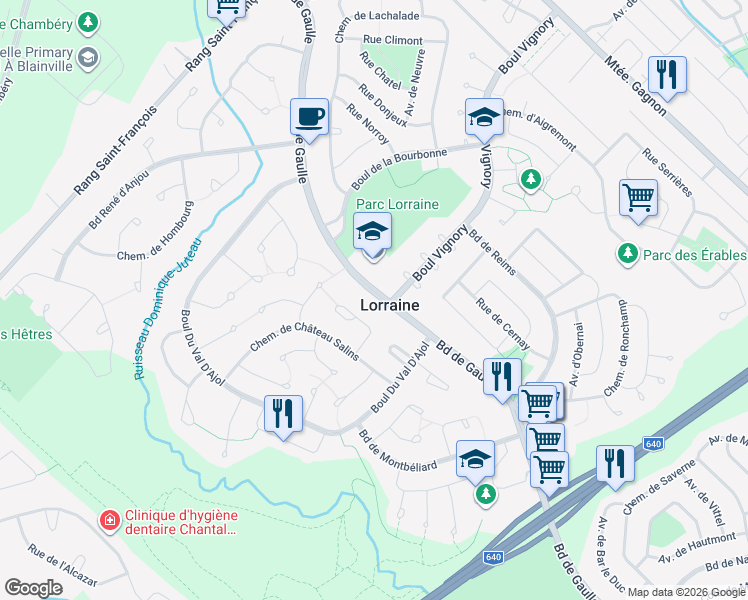 map of restaurants, bars, coffee shops, grocery stores, and more near 148 Boulevard de Gaulle in Lorraine