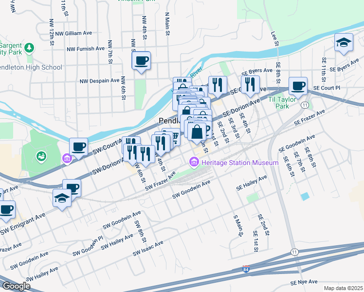 map of restaurants, bars, coffee shops, grocery stores, and more near 348 Southwest 2nd Street in Pendleton