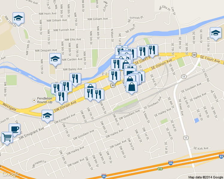 map of restaurants, bars, coffee shops, grocery stores, and more near 322 Southwest 3rd Street in Pendleton