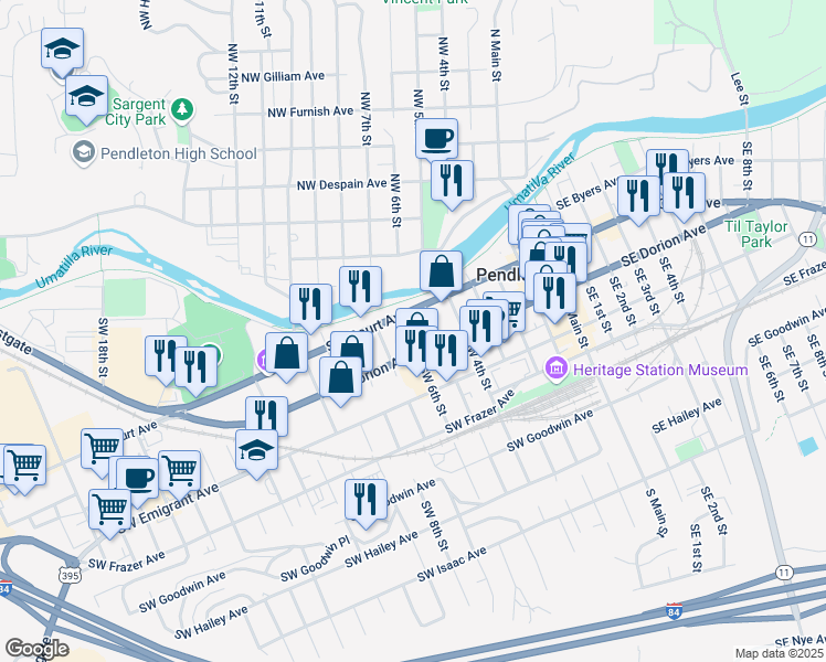map of restaurants, bars, coffee shops, grocery stores, and more near 214 Southwest 6th Street in Pendleton