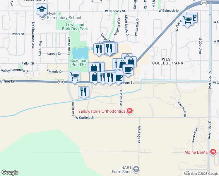 map of restaurants, bars, coffee shops, grocery stores, and more near 867 South 29th Avenue in Bozeman