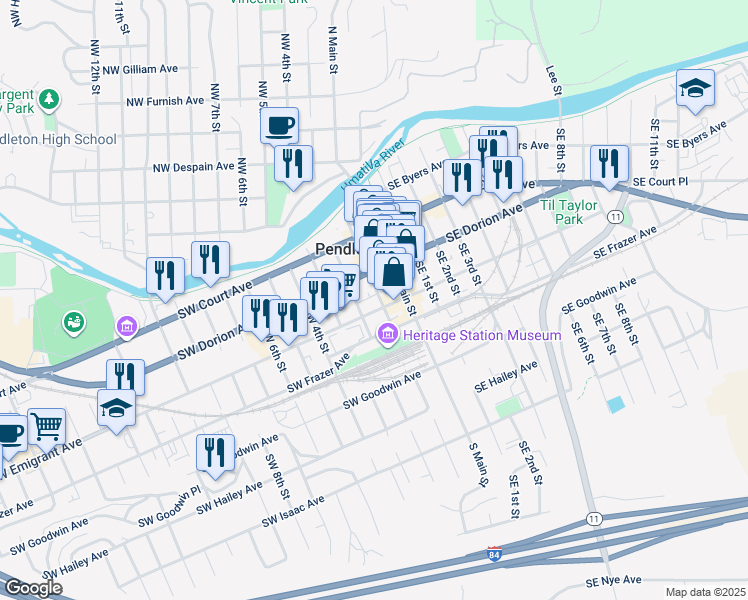 map of restaurants, bars, coffee shops, grocery stores, and more near 348 Southwest 2nd Street in Pendleton