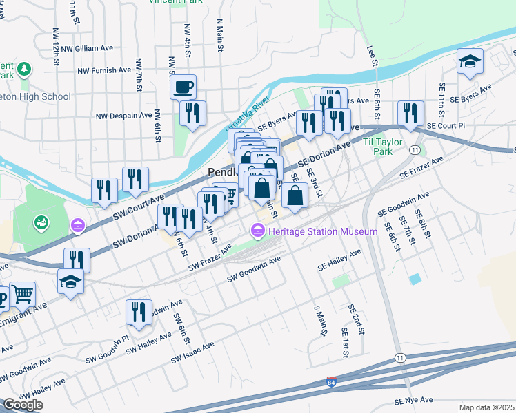 map of restaurants, bars, coffee shops, grocery stores, and more near 21 Southwest Emigrant Avenue in Pendleton