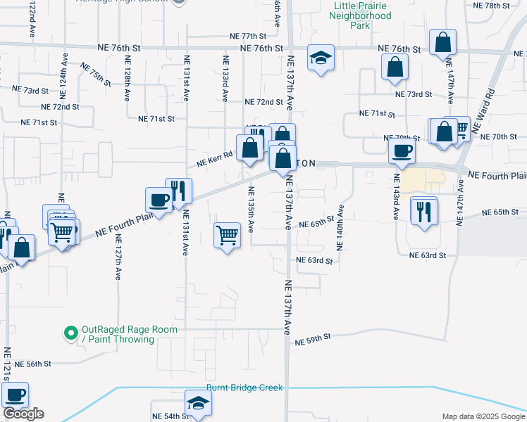 map of restaurants, bars, coffee shops, grocery stores, and more near 6513 Northeast 135th Avenue in Vancouver