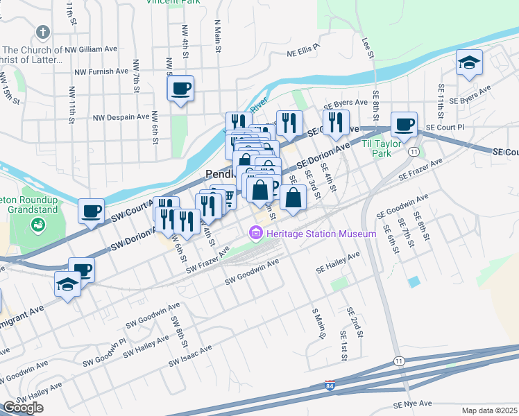 map of restaurants, bars, coffee shops, grocery stores, and more near 21 Southwest Emigrant Avenue in Pendleton