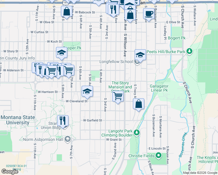 map of restaurants, bars, coffee shops, grocery stores, and more near 819 South Grand Avenue in Bozeman