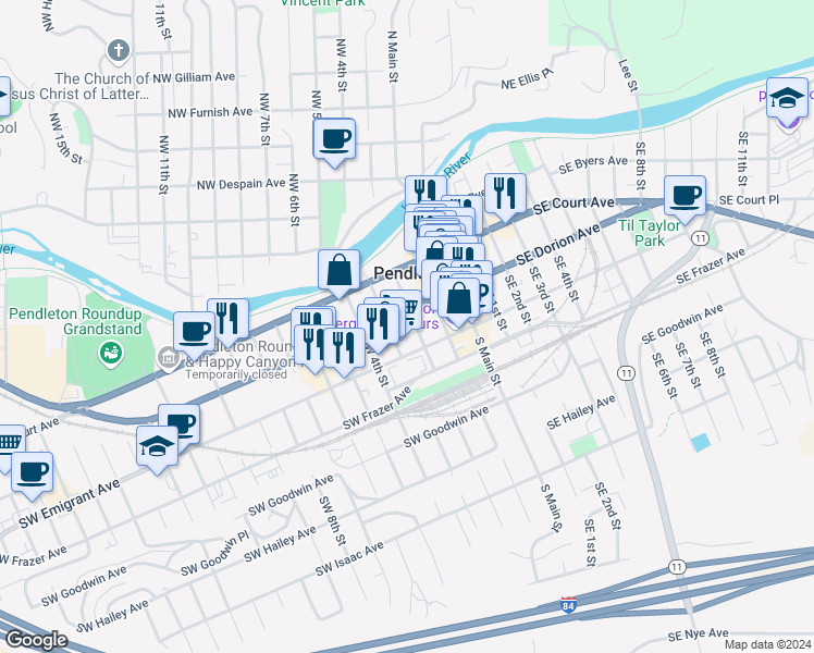 map of restaurants, bars, coffee shops, grocery stores, and more near 322 Southwest 3rd Street in Pendleton