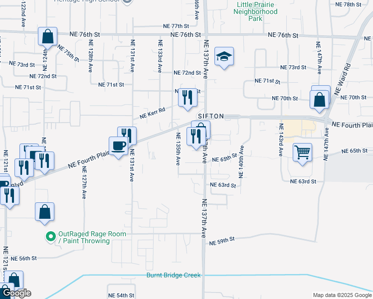 map of restaurants, bars, coffee shops, grocery stores, and more near 6513 Northeast 135th Avenue in Vancouver
