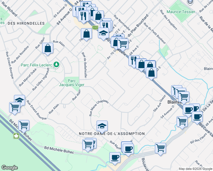 map of restaurants, bars, coffee shops, grocery stores, and more near 29 Rue Gérald-Thiboutôt in Blainville